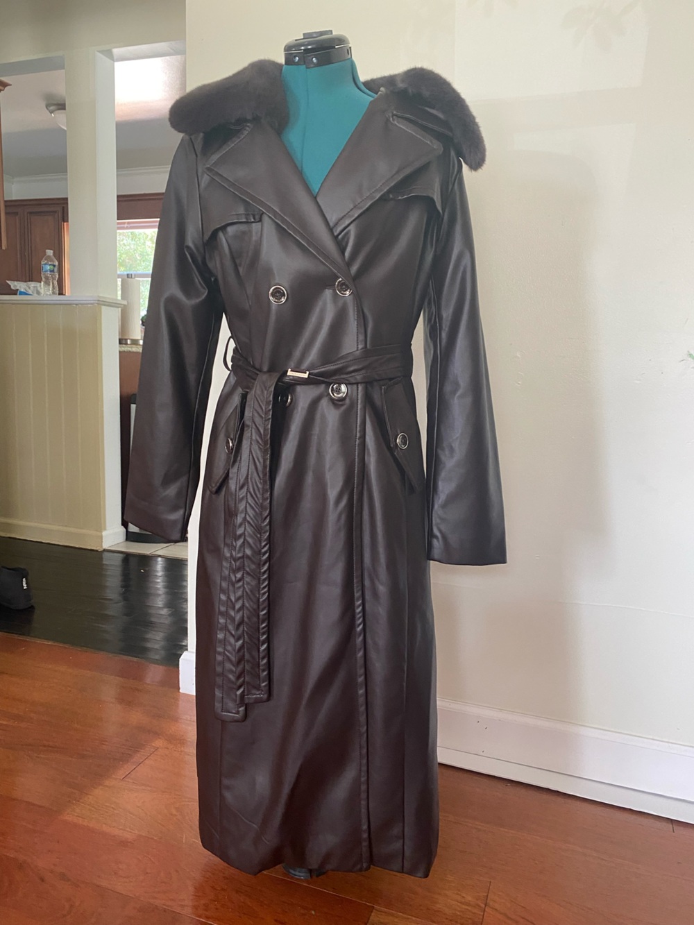 Dark Brown Faux Leather Double-Breasted Trench Coat with Belt